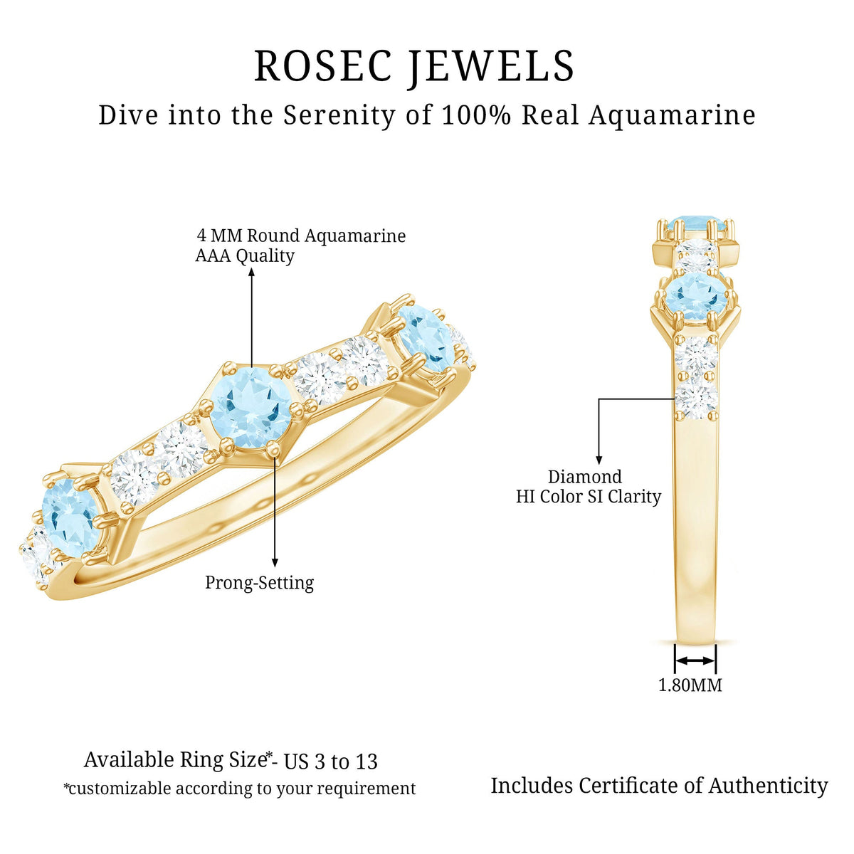Real Aquamarine and Diamond Half Eternity Ring