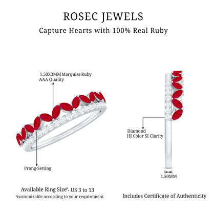 Natural Marquise Ruby Half Eternity Anniversary Ring with Diamond