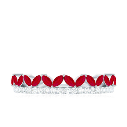 Natural Marquise Ruby Half Eternity Anniversary Ring with Diamond