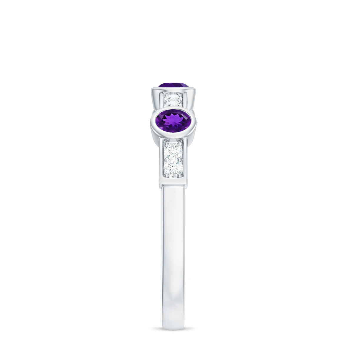 Genuine Amethyst Diamond Half Eternity Ring in Bezel Set