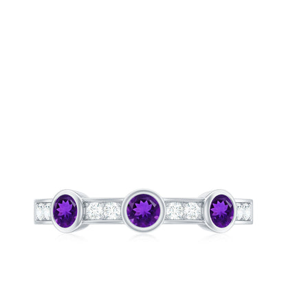 Genuine Amethyst Diamond Half Eternity Ring in Bezel Set