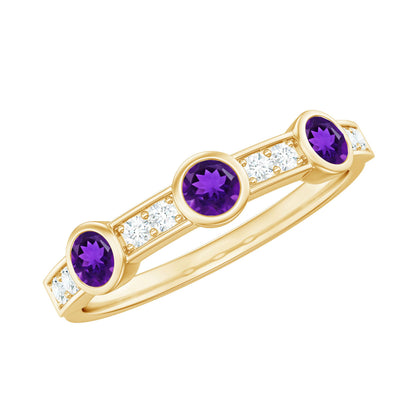Genuine Amethyst Diamond Half Eternity Ring in Bezel Set
