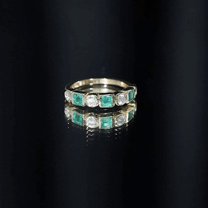 Real Emerald and Diamond Half Eternity Wedding Band in Bezel Set