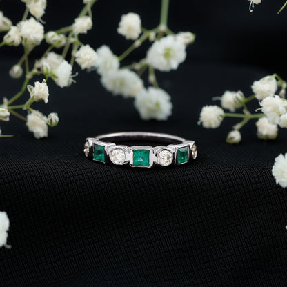 Real Emerald and Diamond Half Eternity Wedding Band in Bezel Set