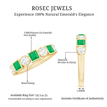 Real Emerald and Diamond Half Eternity Wedding Band in Bezel Set