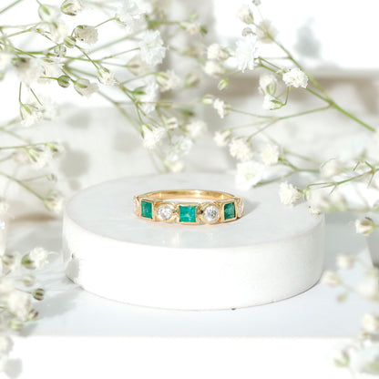 Real Emerald and Diamond Half Eternity Wedding Band in Bezel Set