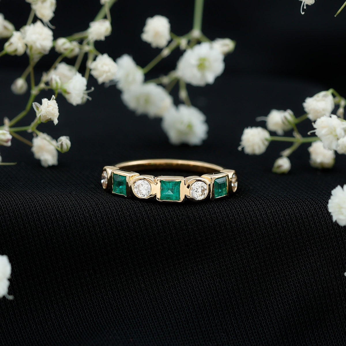 Real Emerald and Diamond Half Eternity Wedding Band in Bezel Set