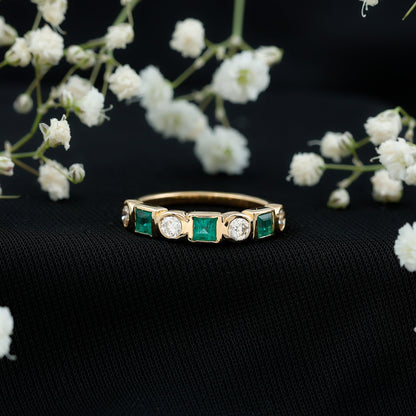 Real Emerald and Diamond Half Eternity Wedding Band in Bezel Set
