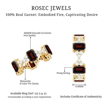 Art Deco Emerald Cut Garnet Eternity Band Ring with Moissanite