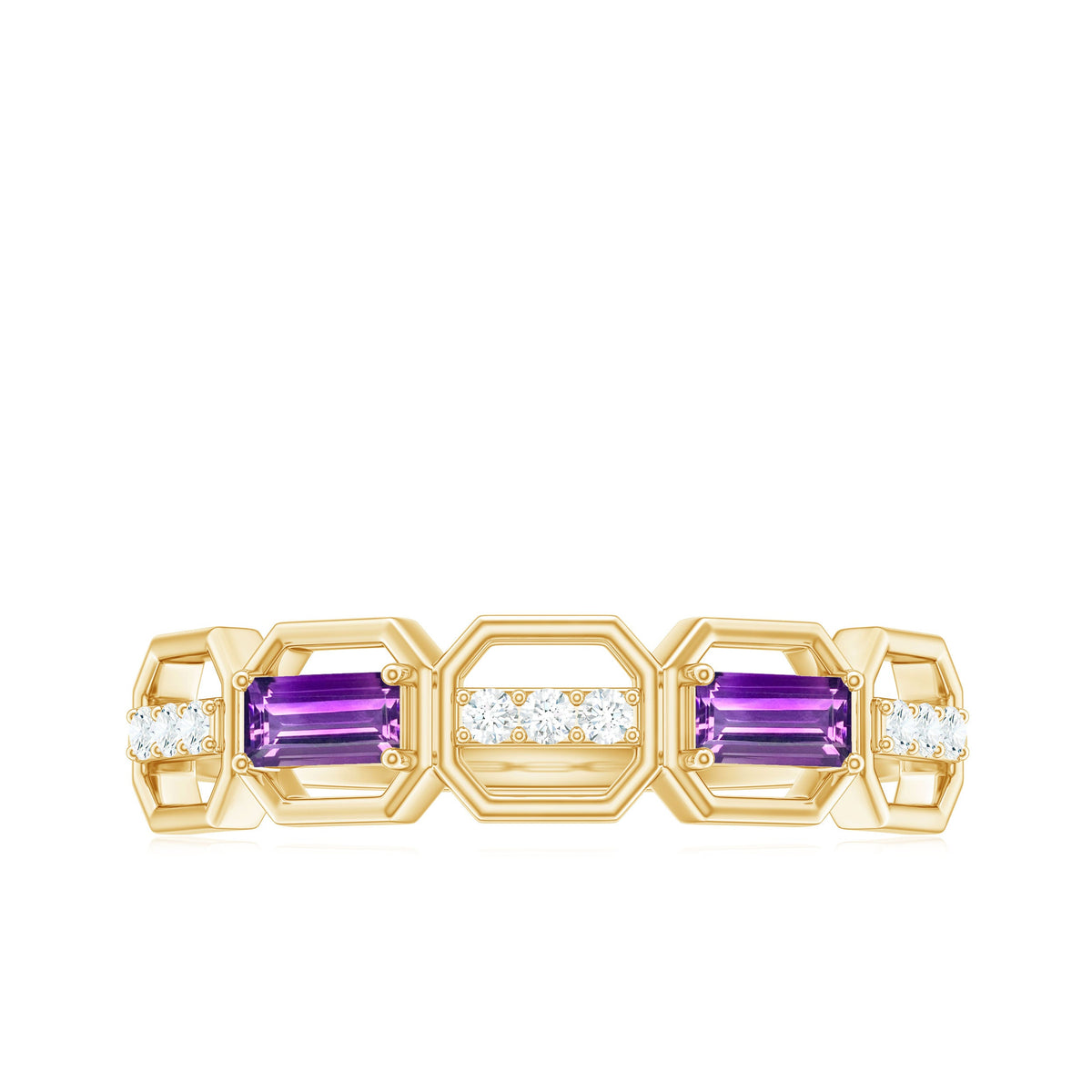 Natural Baguette Amethyst Half Eternity Wedding Band with Diamond