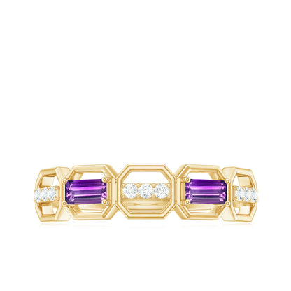 Natural Baguette Amethyst Half Eternity Wedding Band with Diamond