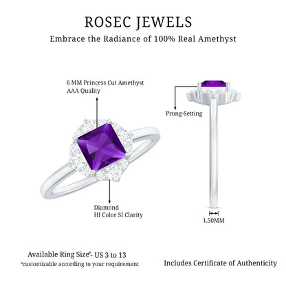 Natural 1.2 Carat Princess Cut Amethyst Flower Engagement Ring with Diamond