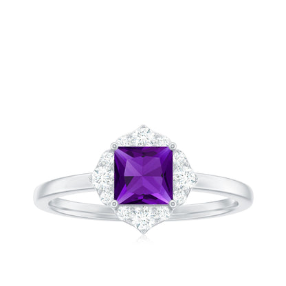 Natural 1.2 Carat Princess Cut Amethyst Flower Engagement Ring with Diamond