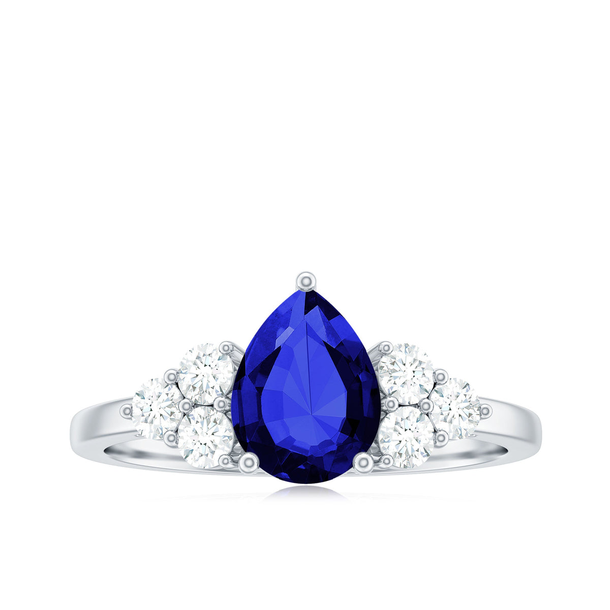 Certified 1.6 Carat Lab Grown Blue Sapphire Pear Engagement Ring with Diamond Trio