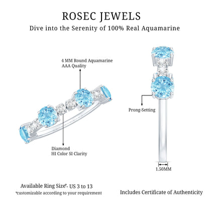 Genuine Aquamarine and Diamond Half Eternity Ring in Prong Setting