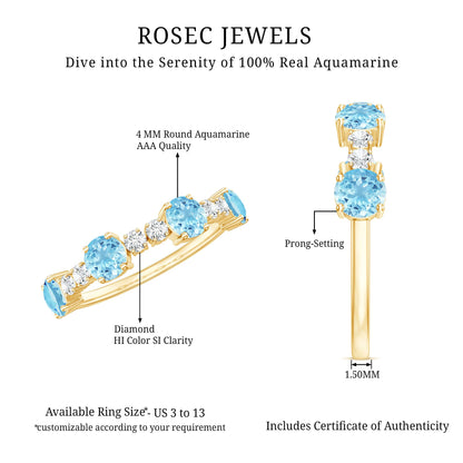 Genuine Aquamarine and Diamond Half Eternity Ring in Prong Setting