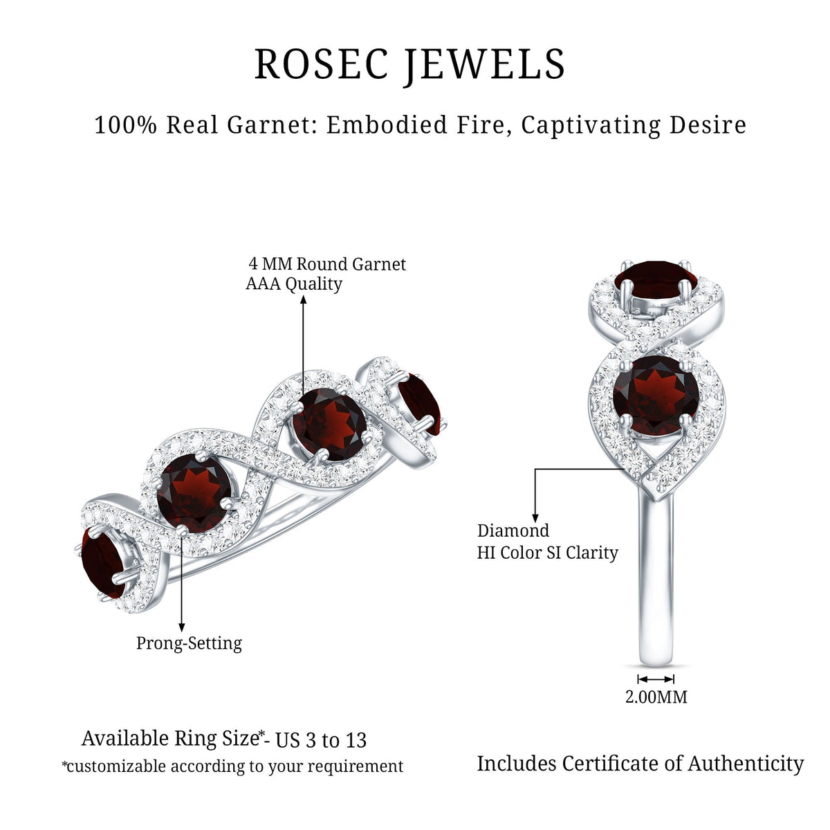 Natural Garnet Diamond Infinity Eternity Ring with Braided Shank