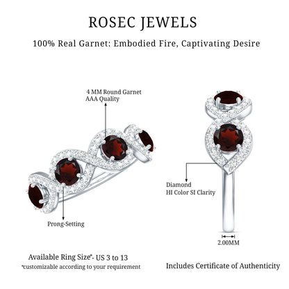 Natural Garnet Diamond Infinity Eternity Ring with Braided Shank