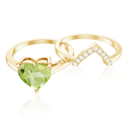 Natural 2 Carat Heart Shape Peridot Wedding Ring Set of 2 with Diamond