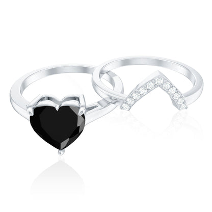 Natural Black Spinel Diamond 2 Carat Heart Engagement and Wedding Ring Set of 2