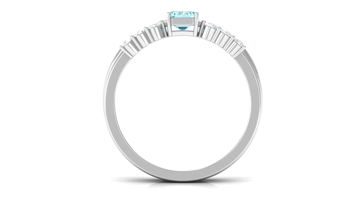 Solitaire 0.6 Carat Aquamarine and Diamond Emerald Cut Stackable Ring Set
