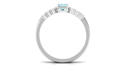 Solitaire 0.6 Carat Aquamarine and Diamond Emerald Cut Stackable Ring Set