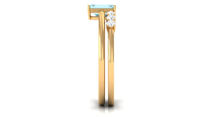 Solitaire 0.6 Carat Aquamarine and Diamond Emerald Cut Stackable Ring Set