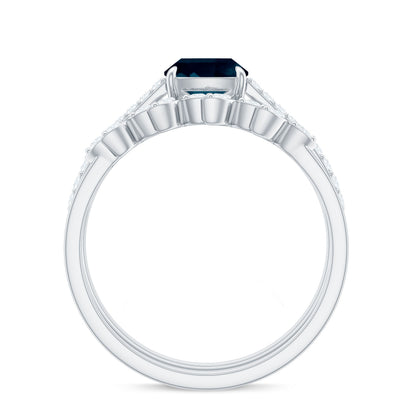 2.8 Carat Cushion Cut London Blue Topaz and Diamond Engagement Ring with Wedding Band