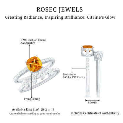 Certified 2.2 Carat Citrine and Diamond Wedding Bridal Ring Set of 2