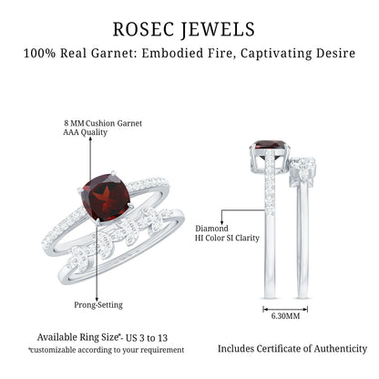 3.2 Carat Natural Cushion Cut Garnet Diamond Wedding Bridal Ring Set of 2