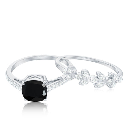 Cushion Cut Black Onyx and Diamond Engagement Ring with Leaf Wedding Band