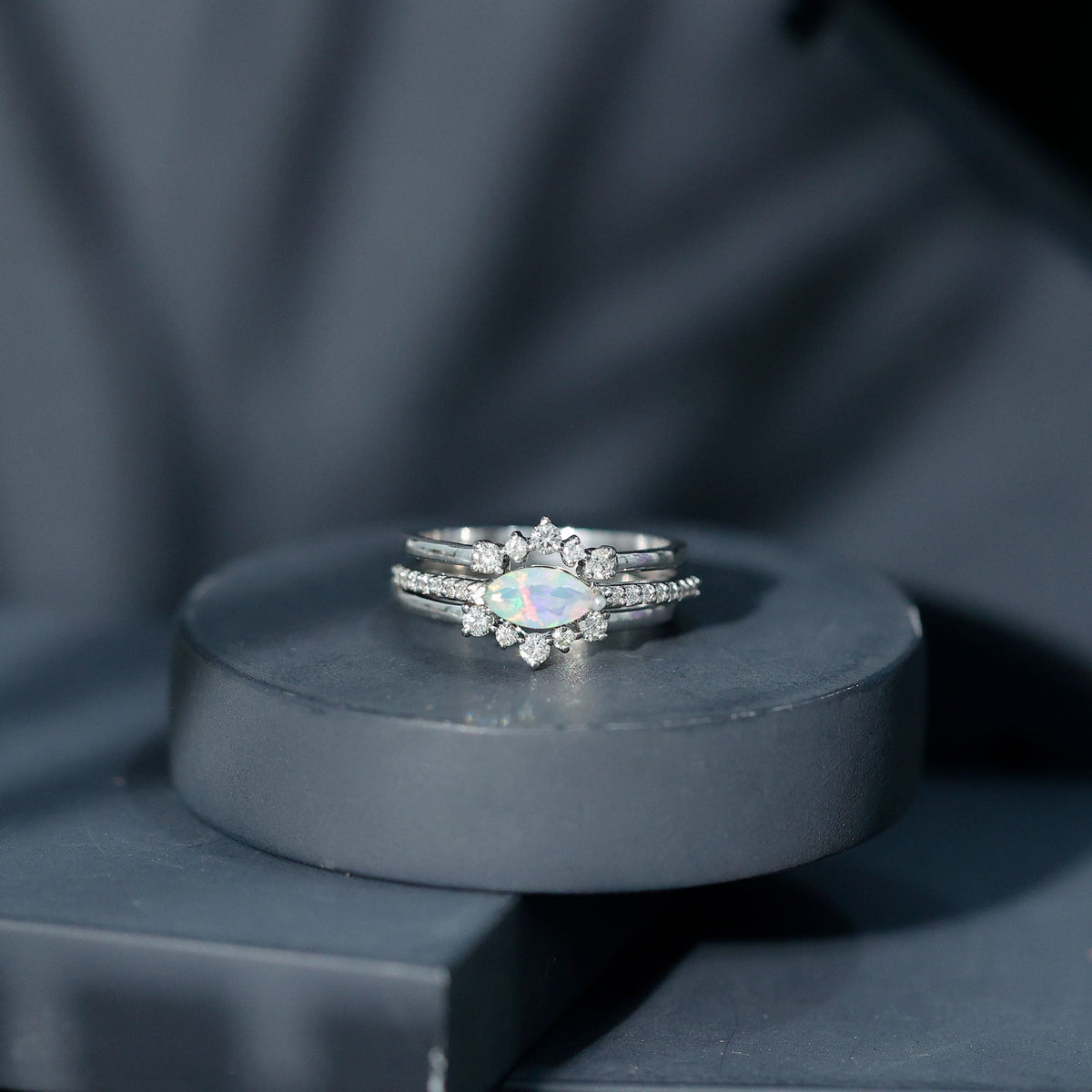 Certified Real Ethiopian Opal Diamond Wedding Bridal Ring Set of 3