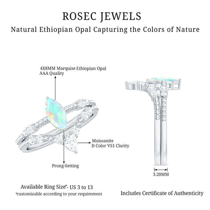 Certified 0.5 Carat Real Ethiopian Opal Marquise Engagement Wedding Ring Set of 2