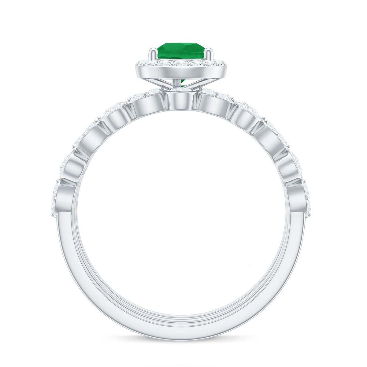 Natural 0.6 Carat Emerald Teardrop Engagement Ring and Wedding Band Set of 3