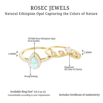 Vintage Inspired Ethiopian Opal Diamond Designer Bridal Ring Set