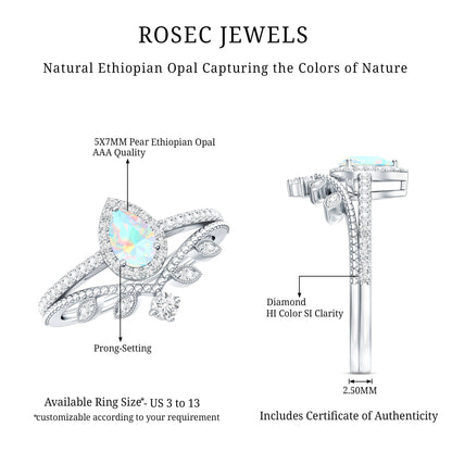 Vintage Inspired Ethiopian Opal Diamond Designer Bridal Ring Set