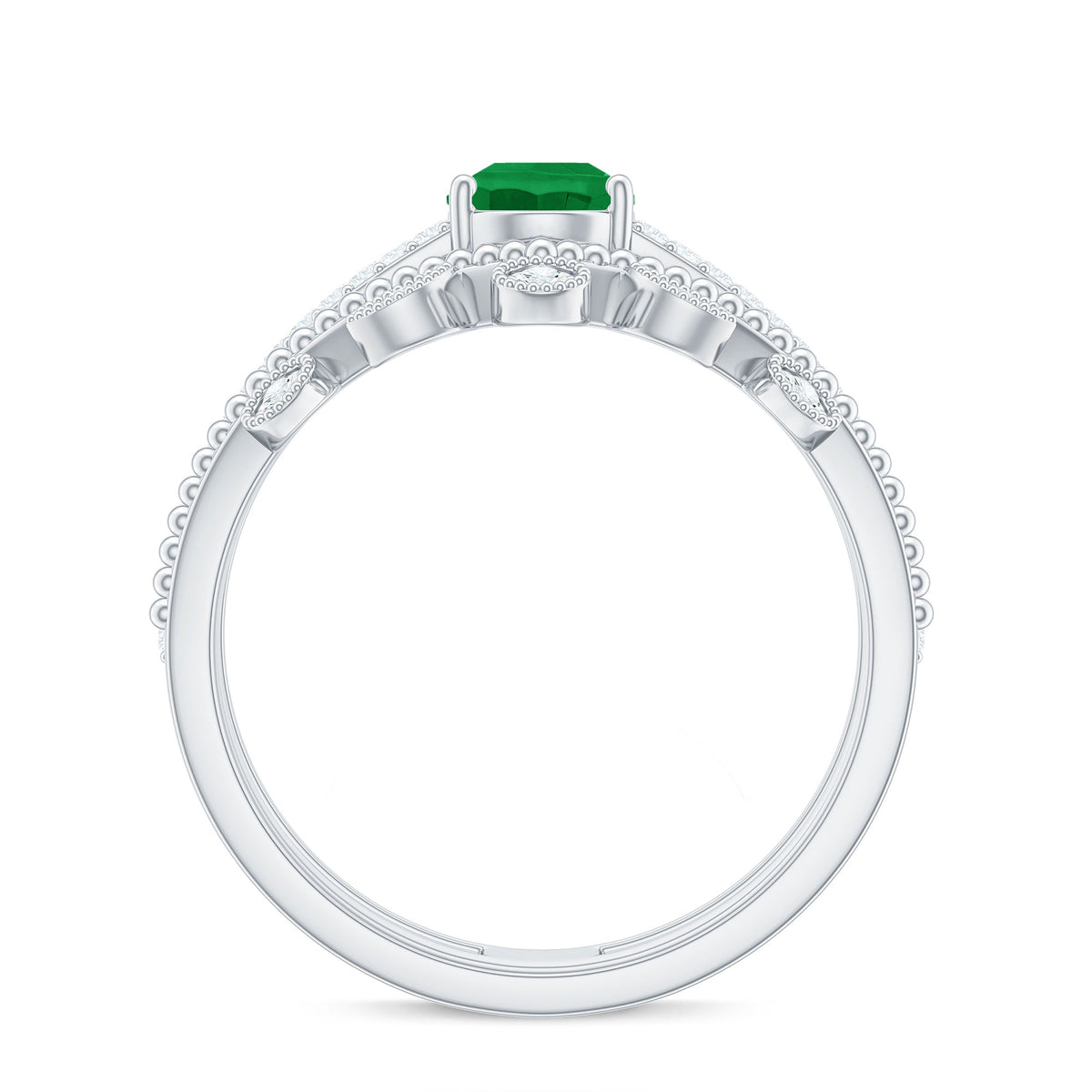 Vintage Style Emerald Diamond Wedding Bridal Ring Set