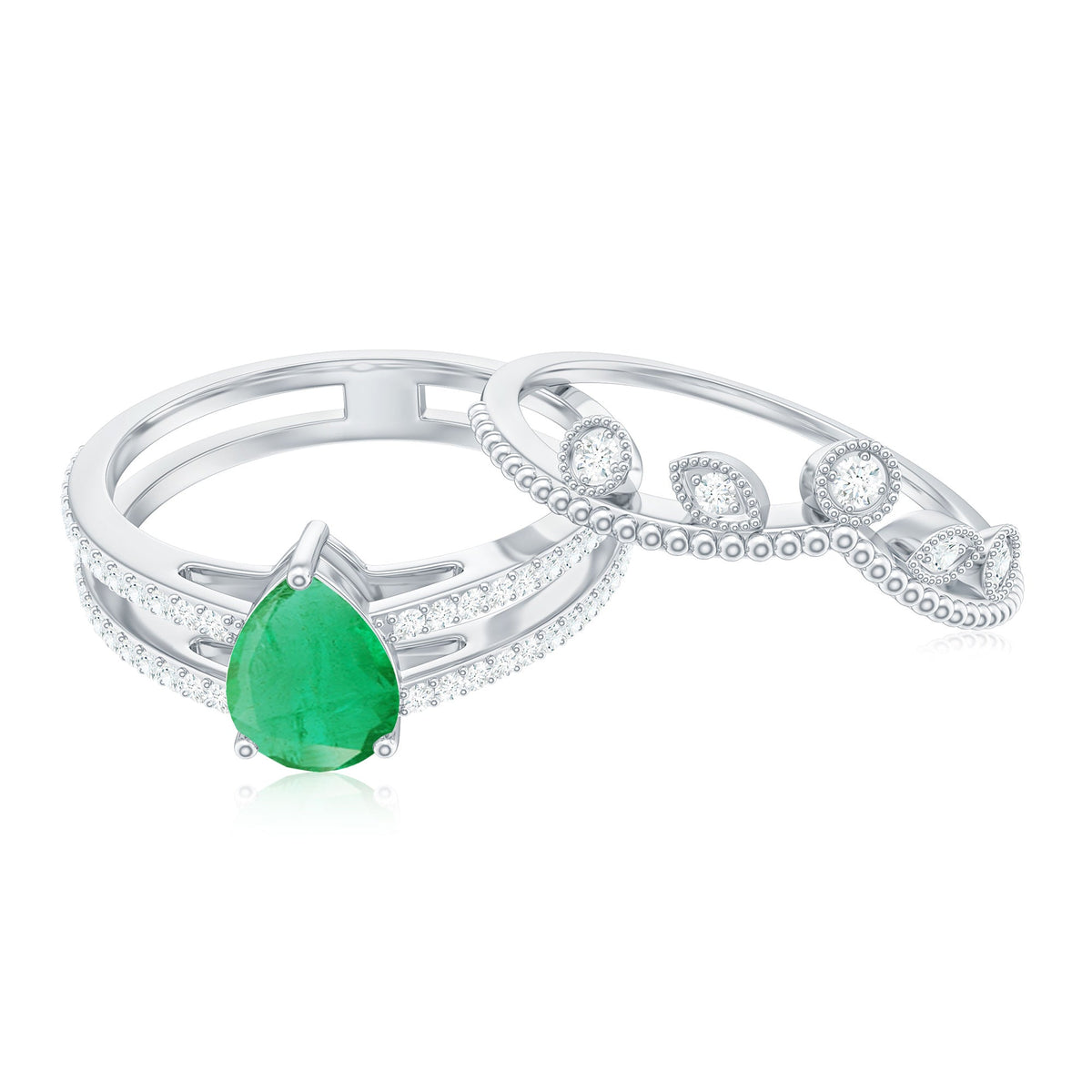 Vintage Style Emerald Diamond Wedding Bridal Ring Set