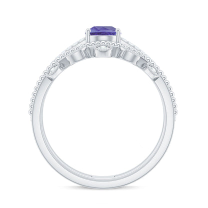 Real Tanzanite Diamond Double Band Engagement Ring with Curved Wedding Band