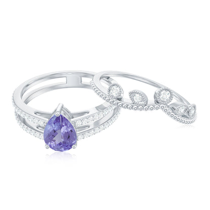 Real Tanzanite Diamond Double Band Engagement Ring with Curved Wedding Band