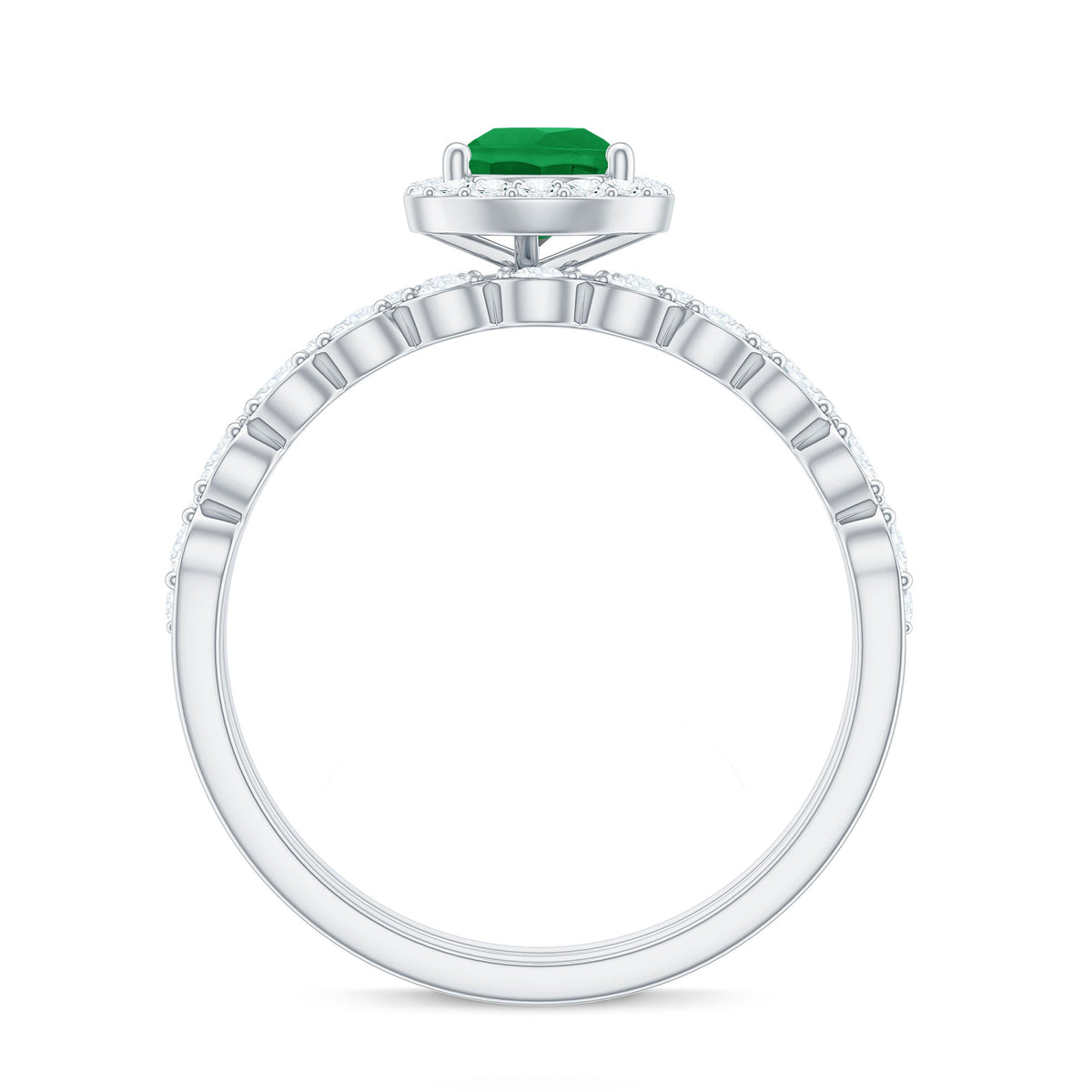 Natural Emerald Diamond Teardrop Engagement Ring and Wedding Band Set