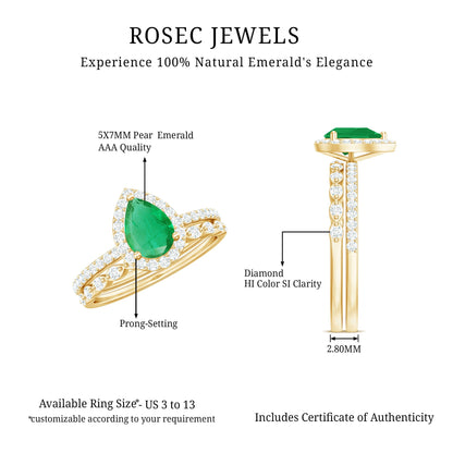 Natural Emerald Diamond Teardrop Engagement Ring and Wedding Band Set