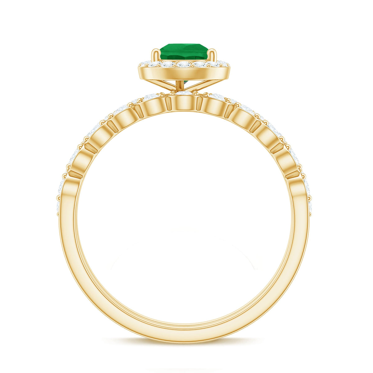 Natural Emerald Diamond Teardrop Engagement Ring and Wedding Band Set