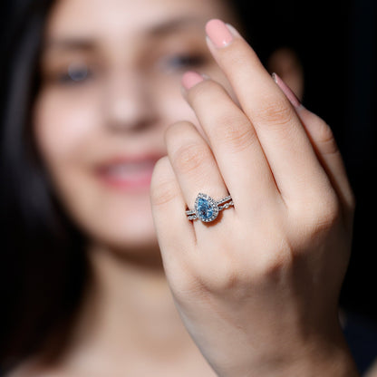 Genuine 1 Carat Aquamarine Bridal Ring Set with Diamond