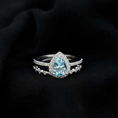 Genuine 1 Carat Aquamarine Bridal Ring Set with Diamond