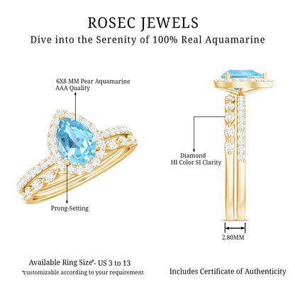 Genuine 1 Carat Aquamarine Bridal Ring Set with Diamond