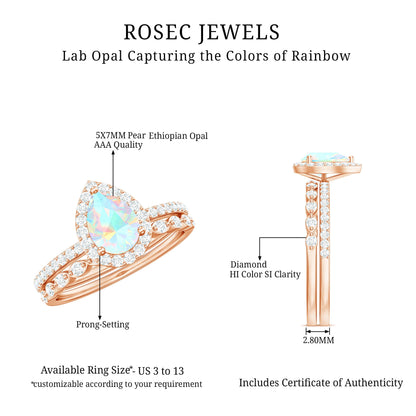 Natural Ethiopian Opal Diamond Pear Shaped Engagement Ring and Wedding Band Set