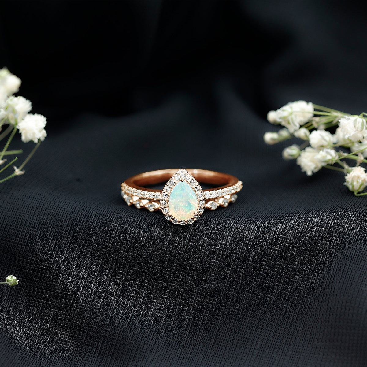 Natural Ethiopian Opal Diamond Pear Shaped Engagement Ring and Wedding Band Set
