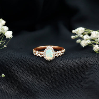 Natural Ethiopian Opal Diamond Pear Shaped Engagement Ring and Wedding Band Set