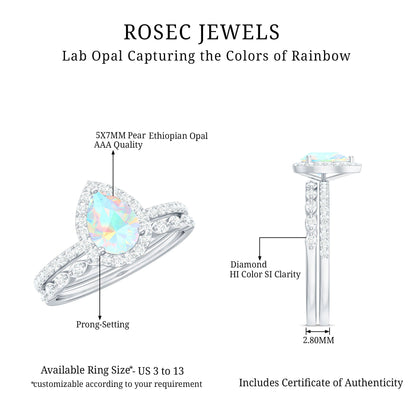 Natural Ethiopian Opal Diamond Pear Shaped Engagement Ring and Wedding Band Set